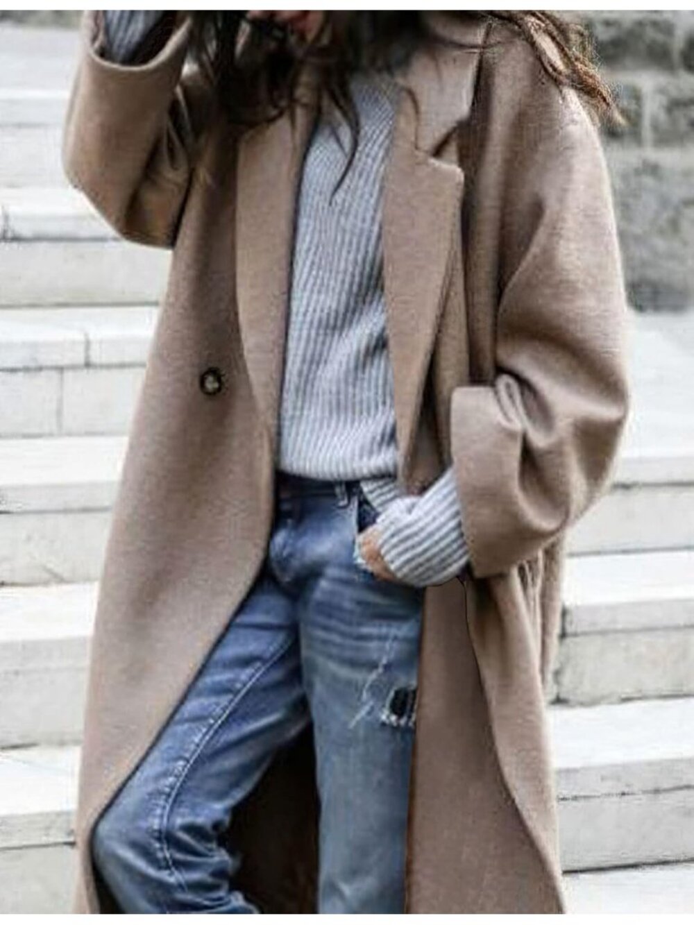 Women's Khaki Notched Collar Wool Blend Single Breast Midi Long Trench Coat - Picture 2 of 6